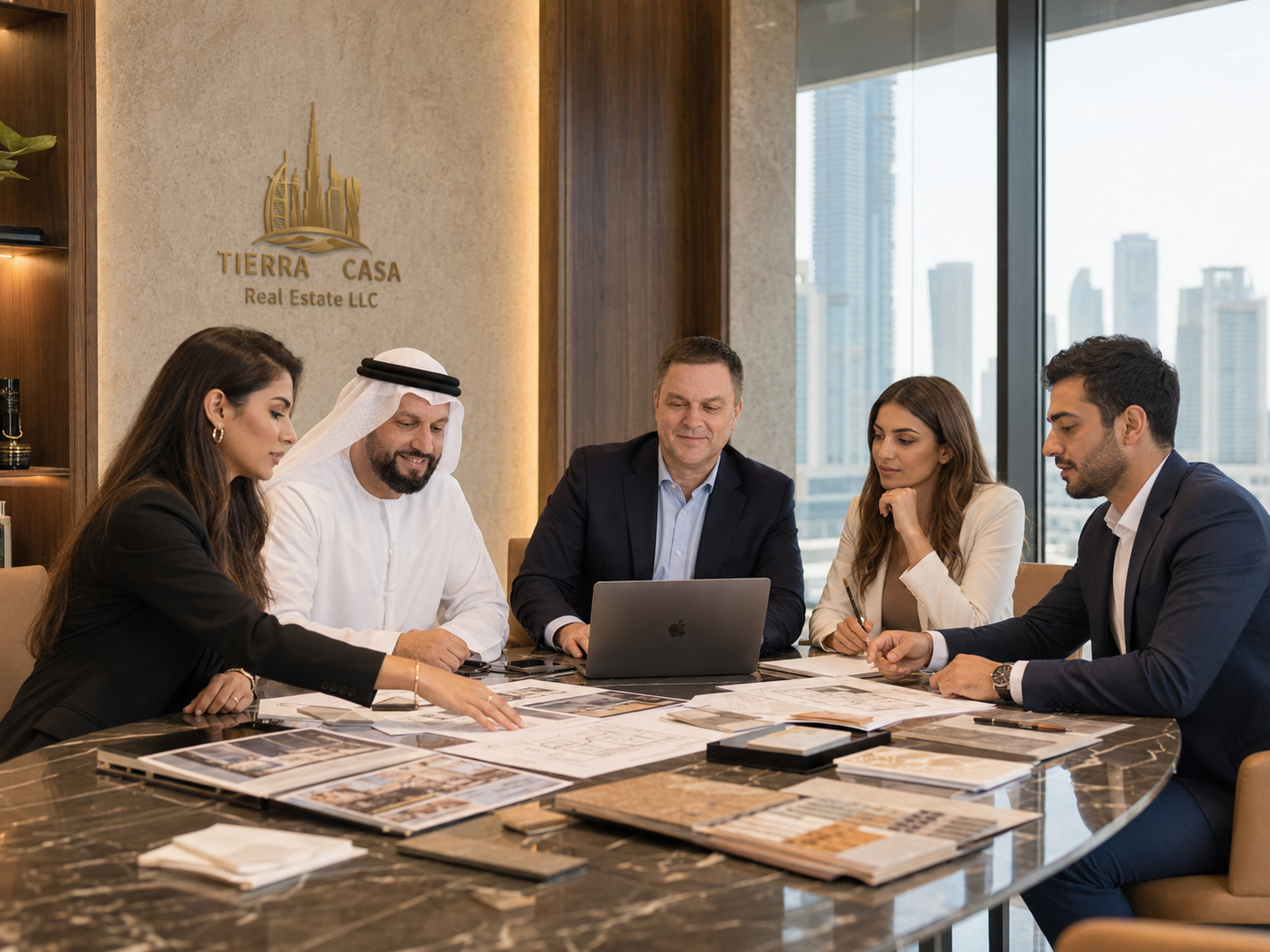 Team von Tierra & Casa im Büro in Dubai mit Blick auf die Skyline