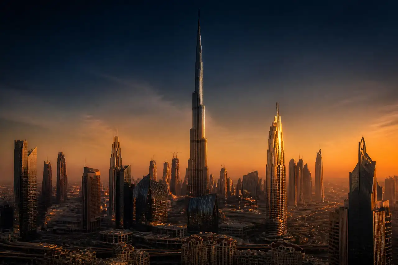 Dubai Skyline zur goldenen Stunde